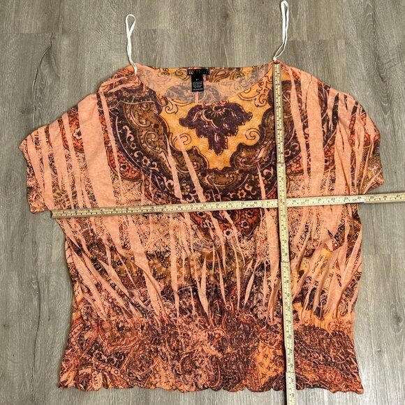 Carole Little Boho Abstract Print Blouse Womens 3X Orange Brown Short Sleeve Top - Picture 5 of 7